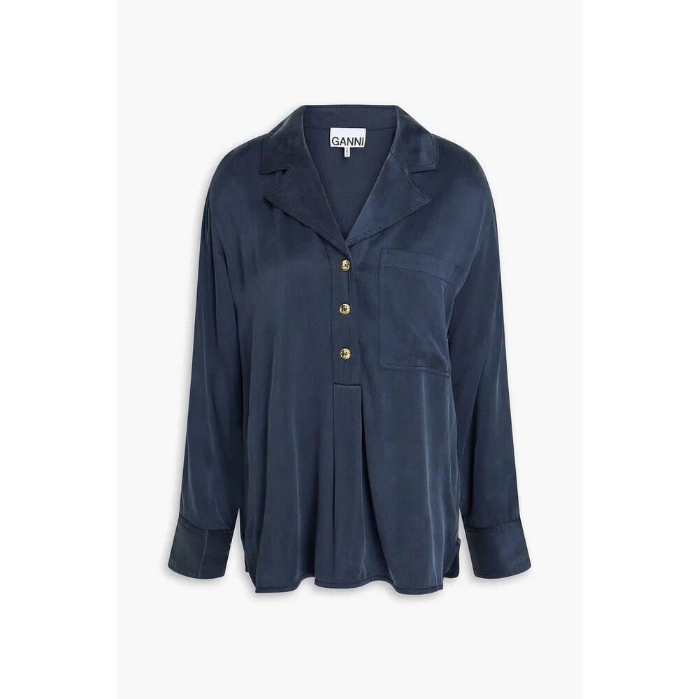 Ganni Washed Satin Blouse Gold 3/4 Button Down Womens S/M Navy Blue Quiet Luxury